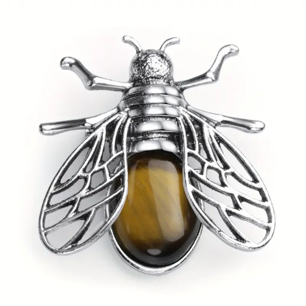 Tiger Eye Stone Bee Brooch Pendant Necklace Healing Gemstone Pendant - Picture 2 of 4
